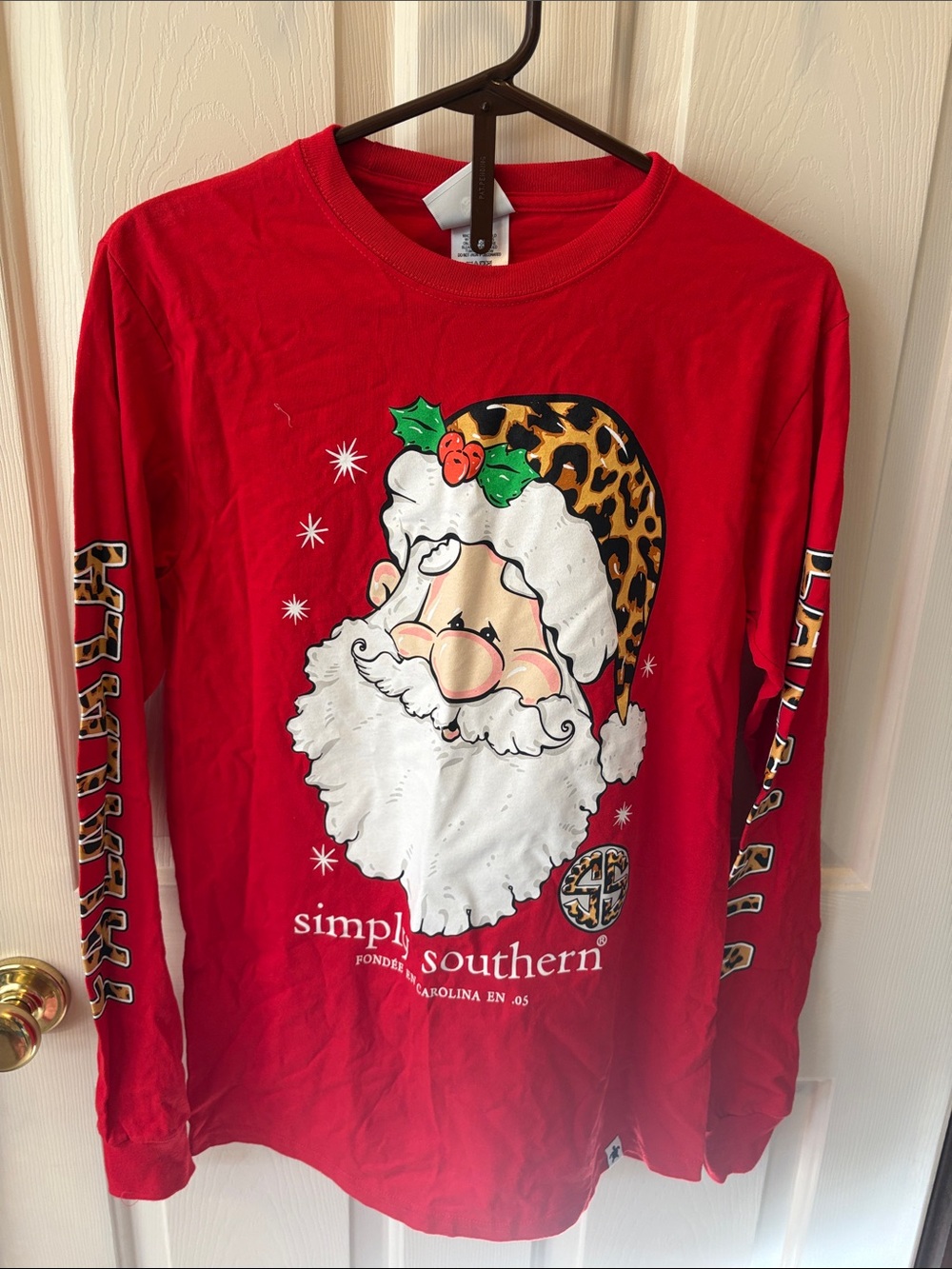 Simply Southern Red Long-Sleeve Tee with Leopard-Print Santa